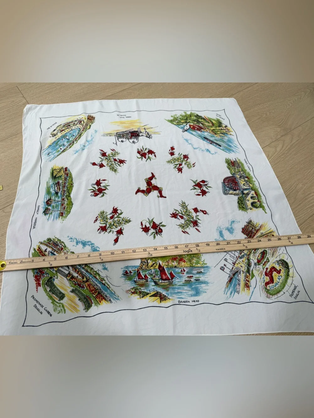 Vintage Isle of Man Souvenir Scarf 27” Bradda Head Douglas Travel Print